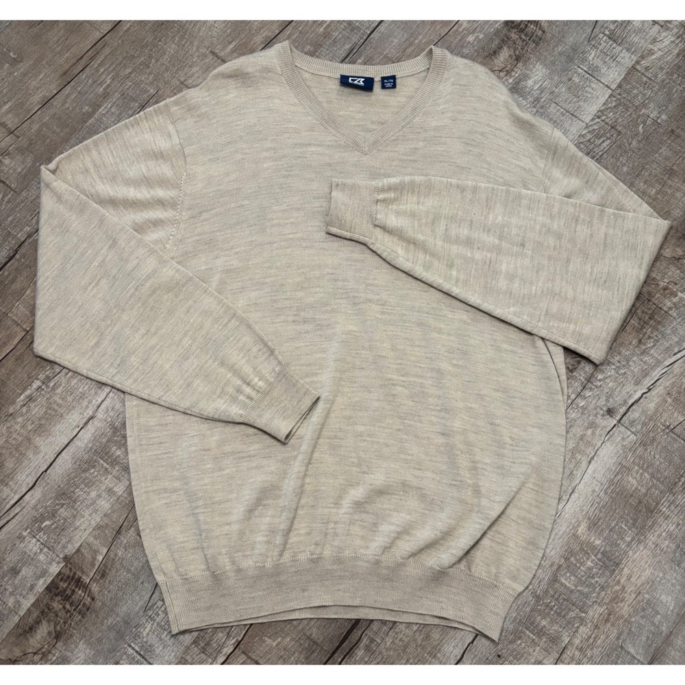 Cutter & Buck Mens XL V-Neck Sweater Merino Wool Blend Oatmeal Heather Beige